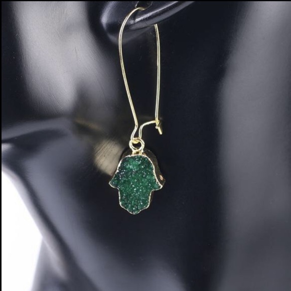 New Handmade Druzy Hamsa Hand Drop Earrings 💚 - Picture 10 of 12